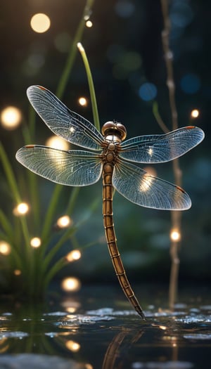 close up, crystal dragonfly, above a magical pond, lots of fairy lights, intricate details, texture, depth, vitality, movement, dynamics, energy, vitality, glowing lighting, soft lighting, fantastic, epic scene, super detailed, 8K., Miki Asai Macro photography, close-up, hyper detailed, trending on artstation, sharp focus, studio photo, intricate details, highly detailed, by greg rutkowski