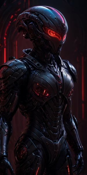 juggernouth robocop character, anthropomorphic figure, wearing futuristic black soldier armor and weapons, reflection mapping, realistic figure, hyperdetailed, cinematic lighting photography, red lighting on suit, mecha, cyborg style,Movie Still