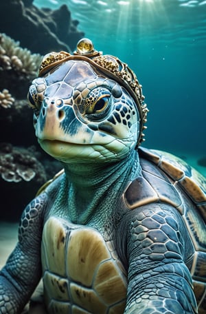 (Close mid-shot), looking like a TEENAGE MUTANT NINJA TURTLE, an old gray green sea turtle like humanoid, wrinkled skin, she wears a jeweled crown, and has a pearlescent glowing robe, detailed sea turtle gray green chubby face, peaceful filter, ultra detailed visually rich, created with the main focus on the face, (((candid photography))), luminous and enchanting, peaceful and kind, lit dark fantasy realm, (((rule of thirds))) depth of field intricate details, subtle colors, fantastical realm, extremely detailed, ultra sharp focus, light particles, attention to detail, vast open world, grandeur and awe, cinematic, stunning visual masterpiece, double exposure, photorealistic, cinematographic scene, highest quality, 32k, octane render, ((dynamic pose)), somber feeling.