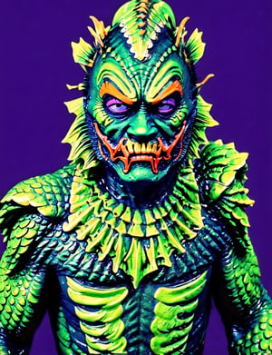 head and shoulders portrait, (creature from the black lagoon:1.5) creature warrior, green, purple, and blue colorful, symmetrical precise detail, symmetrical features, (flat silkscreen:1.5) , wearing mask, pastel-color, creative, dark flat color background ,oni style