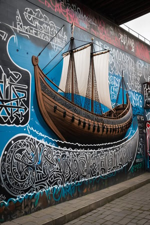 a large graffiti wall, with the artwork of a Viking long ship with detailed features, other graffiti writings on the same wall