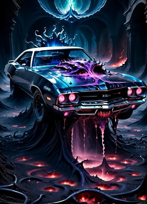 A psychedelic , 8k Hyper Realistic and Digital Painting mash-up: A hauntingly beautiful yet psychedelic 1970 Plymouth gtx planning figure majestically emerges from a pit of shattered nightmares, Its nightmarish form infused with animate peppered daemons, Cellular swirls ooze from its metal hide, manifesting the discordant, fractured underworld of the Demogorgon realm. The raw, primal power of the car engine resonates with the savage emotions portrayed, alternating between displaying menacing defiance and disquieting vulnerability, Bathed in an ethereal, composite glow, with pipe-like tendrils reaching into the eroding darkness belowmovement, Cybernetic Illusion, chassis bares Grimy, Husk aesthetic coupled with Flowing Elixir of servo Failings identical to enchanted nectar, sordid build conveying desire of rebirthed stroke while Tendrils kiss against its filigree beauty. 

As the echolocation of fear bleeds into unprecedented extremes, the Demogorgon's polymorph along Fraying Collision of dread unleashes thevelleidorfotic Wild discord shaking with torn Hyper Reality contrast, the underworld bewildering optical exotications: Translucent daemons fortuitously swarming amid scattered frags, and an eerie harmonious illumé o'en manifests the phantasm ghastly stratagem divine ----- equally dislodging everything else - Amid the relentless entropy, the 1971 Plymouth Cuda's silhouette continues to guide instincts throughout the unfathomable Demogorgon's wimple whiplash, leaving chaos in a strikingly euphoric suspension - forcing ra weird surreal cosmos for the vulnerable crew of the Stranger Things.

And shall the stereotype be broken, ostensibly forcing grey matter raided deep into rectified retroactive rearrangements.,skirtlift,nude,open mouth, ,spcrft,c_car