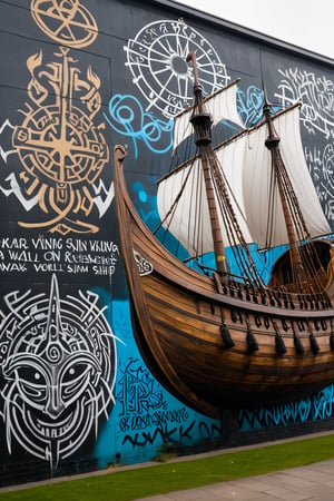 a large graffiti wall, with the artwork of a Viking long ship with detailed features, other graffiti writings on the same wall