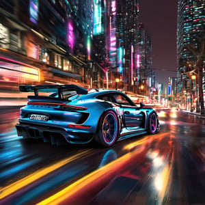 Generate a photorealistic depiction of a supercar Porsche speeding through a futuristic cityscape at night. Imagine vibrant neon lights reflecting off sleek, polished surfaces as the car races through illuminated streets. Capture the dynamic energy and sense of motion, blending realism with a touch of sci-fi flair.