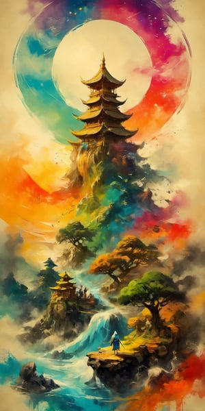 full-body psychedelic picture .Generate hyper realistic image of an ancient scroll featuring an ink wash painting of Adventure Time, surrounded by traditional brushstroke elements, creating an evocative piece reminiscent of classical Asian art, Movie Poster,Movie Poster, sharp focus, intense colors, vibrant colors, chromatic aberration,MoviePosterAF, UHD, 8K,oil paint,painting