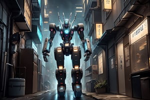 In a mysterious ethereal scene where a monstrous alien with a brain-like appearance and tentacle arms is operating the controls of a humanoid giant robot through a glass screen in its belly. The giant robot, controlled by the alien, is walking into an alleyway, creating a sense of mystery and intrigue.
