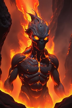 An alien, is engulfed in molten lava, their body completely covered in the fiery rock. The lava flows around them like a living cloak, its intense heat radiating outwards. Their eyes glow with a fiery intensity, and their hair is aflame with the heat of the lava. They are a fearsome sight to behold, a true embodiment of the power of fire.,more detail XL