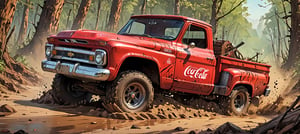 (1 truck, Coca Cola red 1966 Chevrolet C10 stepside pickup truck redesigned by Frank Frazetta ), Generate an image of a Chevrolet C10 tearing through a dense forest during a rally race, with mud splattering, leaves flying, and the vibrant greenery as the epic backdrop. The truck’s classic styling and the dynamic forest setting should evoke a sense of speed and adrenaline. best quality, realistic, photography, highly detailed, 8K, HDR, photorealism, naturalistic, lifelike, raw photo,H effect,real_booster,Comic Book-Style 2d