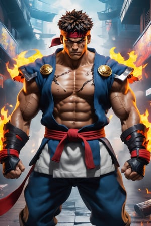 Super detailed live-action Ryu from Street Fighter , strong and exaggerated body, body emitting flames, wearing armor, cyberpunk city, movie environment.