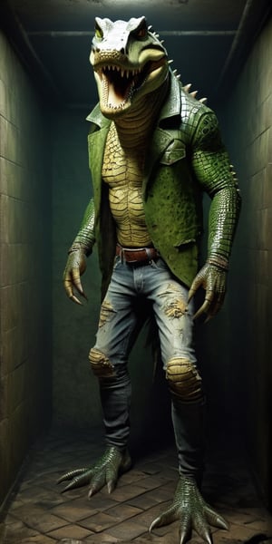 A Killer Crocodile man in a disgusting sewer, brown and green scaly skin, seen from front, full body, wearing a ripped denim jeans photorealistic