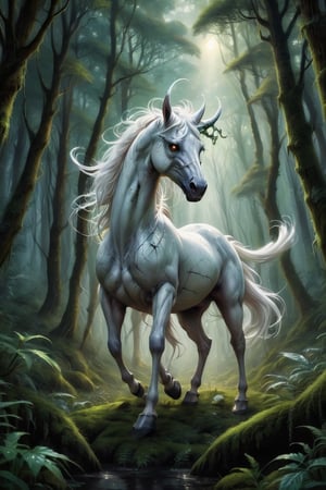 Imagine a mystical space realm where a white spider horse gallops with grace through a dense forest, its eight legs gracefully carrying it over moss-covered ground. The sight is simultaneously horrifying and awe-inspiring, as the white horse's ethereal beauty is contrasted against its monstrous spider-like features. The horse's ebony eyes mesmerize, reflecting the light in a haunting and captivating manner. This breathtaking image, depicted in a vividly painted masterpiece, immerses viewers in the fantastical narrative of an otherworldly creature navigating a mysterious and enchanted woodland.