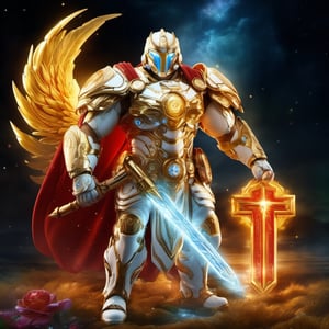 Realistic
FULL BODY IMAGE, Description of a [WHITE WARRIOR HUMAN Honey Badger WHITE WINGS] muscular arms, very muscular and very detailed, LEFT ARM WITH HEAVY REINFORCED BRACELET with solid shield, right hand holding a transparent fire sword, dressed in golden armor of full body filled with red roses, helmet on head, glowing blue electricity running through his body, golden armor and completely white letter H medallion on chest, hdr, 8k, subsurface dispersion, specular light, high resolution, octane rendering, big money field background, field background of GOLDEN WHEAT and red ROSES, medallion with the letter H on the chest, background Rain of gold coins and dollar bills, (GOOD LUCK) fire sword H, shield H, pendant of the letter H, medallion of the letter H on the uniform, hypermuscle, blessing of GOD almighty and JESUS ​​and THE HOLY SPIRIT, pendant of the letter H on the chest, helmet that covers his face, the mascot of JESUS, FULL BODY , helmet that covers his ENTIRE face, FULL BODY IMAGE, super strong legs with armor with gold details
