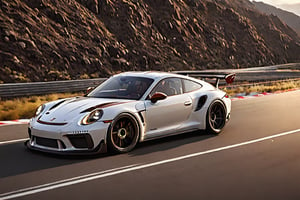 professional freelance race car driver who travels the country's highways in a dark brown and white (((2024 Porsche 911 GT))) , ultra realistic, cinematic, 4k rendered, best quality,Stylish