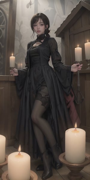 ((top quality)), ((masterpiece)), full body image of a young vampire woman, (( in a old and dark house, holding a candelabra with candles)) gothic woman, very pale, dark shadow around his eyes, black old lace clothes with intrincate details, black long hair collected in a ponytail , intricate details, highly detailed light brown eyes, highly detailed mouth, cinematic image, illuminated by soft light,photo of perfecteyes eyes