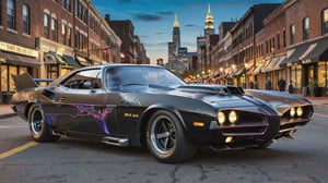 A Batmobile inspired by a Plymouth Barracuda and Mclarren, parked in city area background, perspective view, symmetrical, (the Batmobile is painted in a crystal galaxite black):1,more detail XL