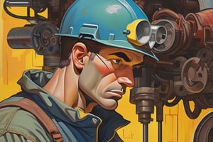a painting in style of of a mechanic, reddish and yellowish background, the head in the foreground ni blueish colors 
