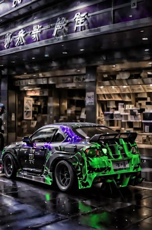 A Black, purple, green, and blue undertone Gtr-34 racing in Tokyo, smoke, night-time, in Tokyo city, hyperrealism, thunderstorm, hyperrealism, long shot, motion blur initial D style