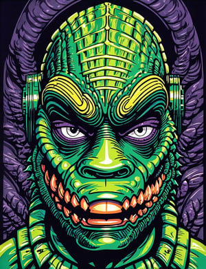 head and shoulders portrait, (creature from the black lagoon:1.5) creature warrior, green, purple, and blue colorful, symmetrical precise detail, symmetrical features, (flat silkscreen:1.5) , wearing mask, pastel-color, creative, dark flat color background ,oni style
