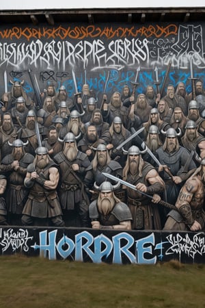 a large graffiti wall, with the artwork of a horde of Norse men with axes and swords with detailed features, other graffiti writings on the same wall