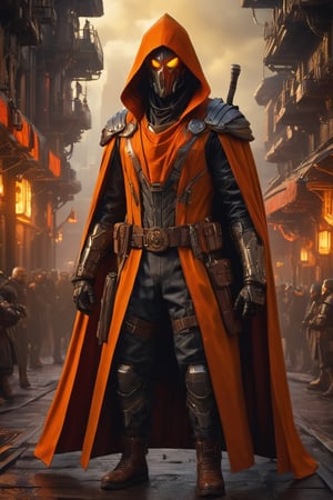 A crafty and menacing hobgoblin from Marvel comics Spider-Man universe is portrayed wearing a stunning orange leather hooded cape. This cape emits a captivating and entrancing brightness, creating an otherworldly glow that sets an eerie tone. The image, which is a highly detailed and masterfully crafted painting, showcases the hobgoblin's sly and cunning nature. The meticulous attention to detail highlights the impeccable quality of the artwork and enhances the impact of the hobgoblin's appearance.