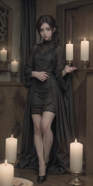 ((top quality)), ((masterpiece)), full body image of a young vampire woman, (( in a old and dark house, holding a candelabra with candles)) gothic woman, very pale, dark shadow around his eyes, black old lace clothes with intrincate details, black long hair collected in a ponytail , intricate details, highly detailed light brown eyes, highly detailed mouth, cinematic image, illuminated by soft light,photo of perfecteyes eyes