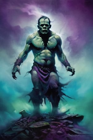 Create a visually striking image of a disfigured horrifying Frankenstein shrouded in mist, with hints of runic symbols. Use a bold color scheme, blending deep purples, blues and mysterious greens to evoke a sense of intrigue and intellectual depth fantasy blending with realism and whimsy punk ethereal bioluminescence surreal  