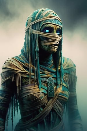 Create a visually striking image featuring a mummy shrouded in mist, with hints of runic symbols and life. Use a bold color scheme, blending deep purples, blues and mysterious greens to evoke a sense of intrigue and intellectual depth fantasy blending with realism and whimsy punk ethereal bioluminescence 