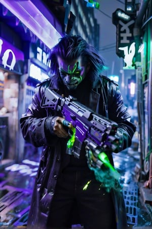 A Black, purple ,green, and blue undertone Punisher anamorphic with a Honey Badger  biomechanically controlled. hyper futuristic pulp style in Tokyo, smoke, night-time, in Tokyo city, hyperrealism, thunderstorm, hyperrealism, long shot, motion blur bioluminescent punk 