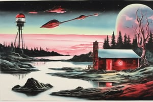 Sketch in liquid metallic ink of a peaceful scene of several aliens surrounding a cabin in the woods. The aliens have different colors and are tall. In the background,

a red lighthouse stands out from the rest of the landscape. The image creates a feeling of tranquility and harmony,

((creation of SALVADOR DALI)),

Masterpiece of surrealism, creation of great pictorial beauty,in the style of LeCinematique