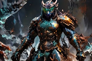 Anthropomorphic alien wolf, bearded, with tentacles, with a scar in his right eye, translucent armor, rusted patina looking fur scales skin, in a battle pose , hide in the dark, with fog and only moonlight in the left side of his body, with wounds and scratches, musculated, Slender, Skinny, full body shot, wide Angle, octane render RTX, render, realistic render, cinematic lighting, muscular body, 