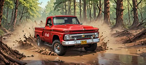 (1 truck, Coca Cola red 1966 Chevrolet C10 redesigned by Yenko ), Generate an image of a Chevrolet C10 tearing through a dense forest during a rally race, with mud splattering, leaves flying, and the vibrant greenery as the epic backdrop. The truck’s classic styling and the dynamic forest setting should evoke a sense of speed and adrenaline. best quality, realistic, photography, highly detailed, 8K, HDR, photorealism, naturalistic, lifelike, raw photo,H effect,real_booster,Comic Book-Style 2d