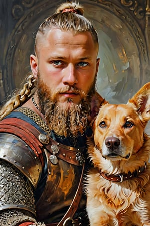 portrait of Ragnar Lodbrok and his dog, close up, oil painting old master, dynamic light, cinematic light, glow background, vintage style, oil painting striking brushstrokes background greyish, by konstantin razumov, Jean Baptiste Monge,photorealistic,analog