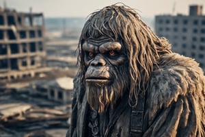 Closeup photo of a sad old Sasquatch in a destroyed city after a nuclearblast on the horizon, smoke, destruction fire, natural light