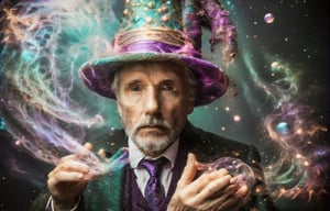 ultra detailed lomography portrait shot of a man who is an old magician ((hair flows beneath a wizard hat. Also wearing a unique robe matching his hat it is the blackest black with undertones of greens, blues, and purples with specks of silver flakes)), wet skin, very mysterious face, water droplets that look bioluminescent, extremely detailed skin texture, (vignette:1.5), grainy texture, old photo, (vintage colors:1.5), shot by Mschiffer