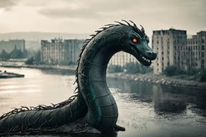 Closeup photo of a sad Loch Ness Monster in a destroyed city after a nuclearblast on the horizon, smoke, destruction fire, natural light