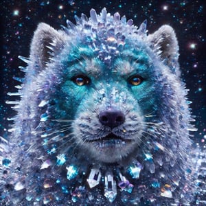 Wolverine made of crystal, fantasy concept art,  hyper detailed,  surrealism,  beautiful, colorful, cosmic landscape, symmetrical, unique blues blacks greens purples with stardust 