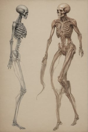Concept art.  Page from an ancient textbook.  Anatomy of an alien, pen and watercolor illustrations.  The page contains several images: Full-length image of an alien. Detailed, musculature and skeletal anatomical details.  High quality, details.  Correct anatomy, good curvaceous proportions