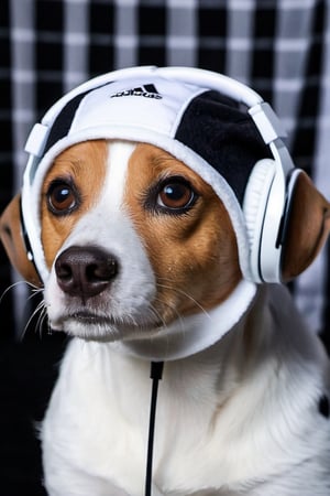 Mischievous soft brown floppy eared dog beagle Jack Russell mix DJ, has four distinct black freckles on snout, mostly white fur with black spots, wearing ADIDAS fashion Track suit and matching bucket hat, DJ Eye glass, headphones on head, hyper realistic, bird eye view, ultra-detailed, best quality,Movie Still, neon background, in club party