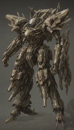 A magnificently colossal robotic spacecraft, this mechanical mecha is a truly distinctive creation. It is covered in heavy armor, brimming with an array of powerful weapons. The entire body of the mecha is visibly grounded, with every single detail meticulously designed. Its pose is captured through an impressive digital art painting that exhibits flawless composition. This impeccable image showcases intricate battle damage, showcasing previous encounters.