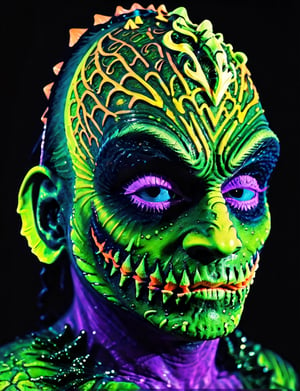 head and shoulders portrait, (creature from the black lagoon:1.5) creature warrior, green, purple, and blue colorful, symmetrical precise detail, symmetrical features, (flat silkscreen:1.5) , wearing mask, pastel-color, creative, dark flat color background ,oni style