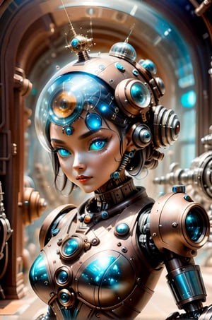 Retro Sci fi fantasy, bronze steampunk robot with large glass dome head with cameras inside,  silver blue form fitting space suit woman with a tiny ray gun