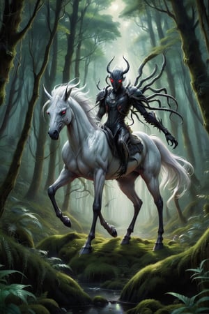 Imagine a mystical space realm where a white spider horse gallops with grace through a dense forest, its eight legs gracefully carrying it over moss-covered ground. The sight is simultaneously horrifying and awe-inspiring, as the white horse's ethereal beauty is contrasted against its monstrous spider-like features. The horse's ebony eyes mesmerize, reflecting the light in a haunting and captivating manner. This breathtaking image, depicted in a vividly painted masterpiece, immerses viewers in the fantastical narrative of an otherworldly creature navigating a mysterious and enchanted woodland.