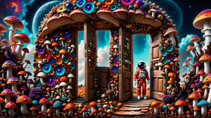fisheye lens,
a beautiful mushroom field, with vibrant psychedelic colors stretching as far as the eye can see,Person on the other side of the door, Astronaut,
Nestled among the mushrooms is an unexpected sight a wooden door, clearly made of lightweight material like balsa wood, standing upright amidst the mushrooms. Despite its humble construction, the door is adorned with intricate carvings and painted with vivid colors, adding to its whimsical charm,astronaut_flowers