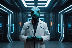 The cyberpunk-style animorphic lizard in a white lab coat is a striking fusion of nature and technology. The lizard’s powerful physique is accentuated by sleek, metallic cybernetic enhancements embedded throughout its body. Its white coat, reminiscent of a lab technician's attire, contrasts with the cybernetic implants and glowing neon circuits that adorn its form. A visor with augmented reality displays covers its eyes, enhancing its vision and providing vital information in real-time. Despite its imposing presence, there's an air of intelligence and sophistication about the cybernetically enhanced lizard as it navigates its futuristic environment with ease, perhaps serving as a symbol of the advancements of science and technology in a cyberpunk world.,Cyberpunk Doctor