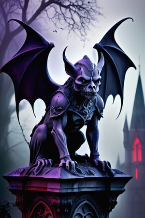Create a visually striking image featuring a gothic Gargoyle shrouded in mist, with hints of runic symbols and life. Use a bold color scheme, blending deep purples and mysterious reds to evoke a sense of intrigue and intellectual depth fantasy blending with realism and whimsy punk ethereal bioluminescence 