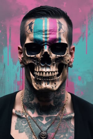 
The Punisher in the style of Vikings , highly detailed, skull tattooed half face in the style of trash polka, cinematic, 8 k, style by stanley artgermm, tom bagshaw, carne griffiths, hyper detailed, full of color gritty