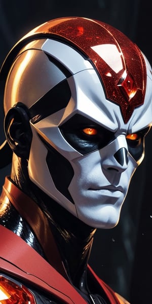 Generate hyper realistic image of Destro with a shattered, crystalline form, each shard pulsating with dark energy, haunting an ethereal dimension filled with fractured landscapes and distorted reality. Destro Destro high-ranking member of the Cobra organization, known for his distinctive silver mask