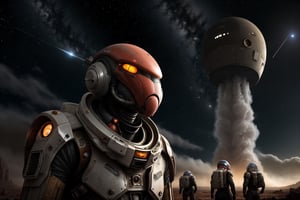 Create a pulp sci-fi style scene where a Martian planet alien creature emerges from a cave, gazing up at the sky as a large space craft descends towards the planet. The creature, defenseless against the advanced technology of the spacecraft, watches as savage men from aboard the craft prepare to land. Capture the sense of wonder, fear, and impending conflict in this scene.