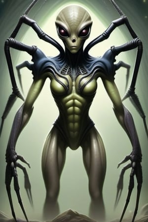 alien being with 8 arms and 2 legs feminine and beautiful spider like 