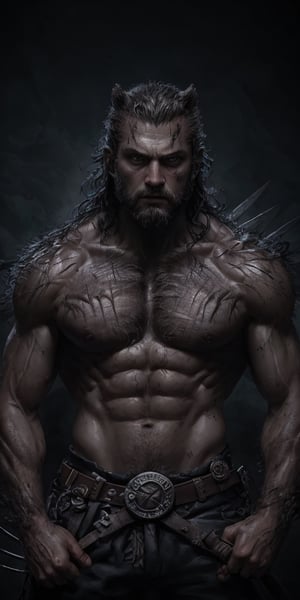 A fiercely rugged and feral Ragnar Lodbrok embodies Wolverine, his Norse warrior spirit merging with the iconic mutant's ferocity. This striking image, whether in a painting or digital artwork, shows Ragnar as Wolverine with razor-sharp claws and a wild, untamed demeanor. Each detail, from his weathered battle scars to the intensity in his eyes, is expertly rendered in vivid colors and intricate textures, creating a truly immersive and dynamic portrayal of this unique character fusion.